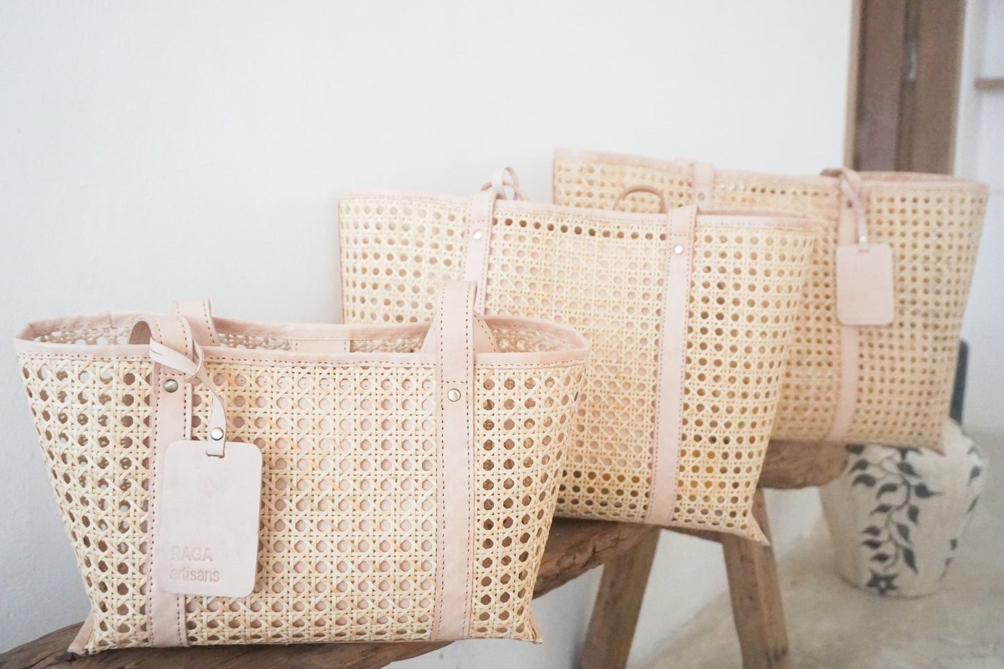 rattan handbag, real leather, straw bag