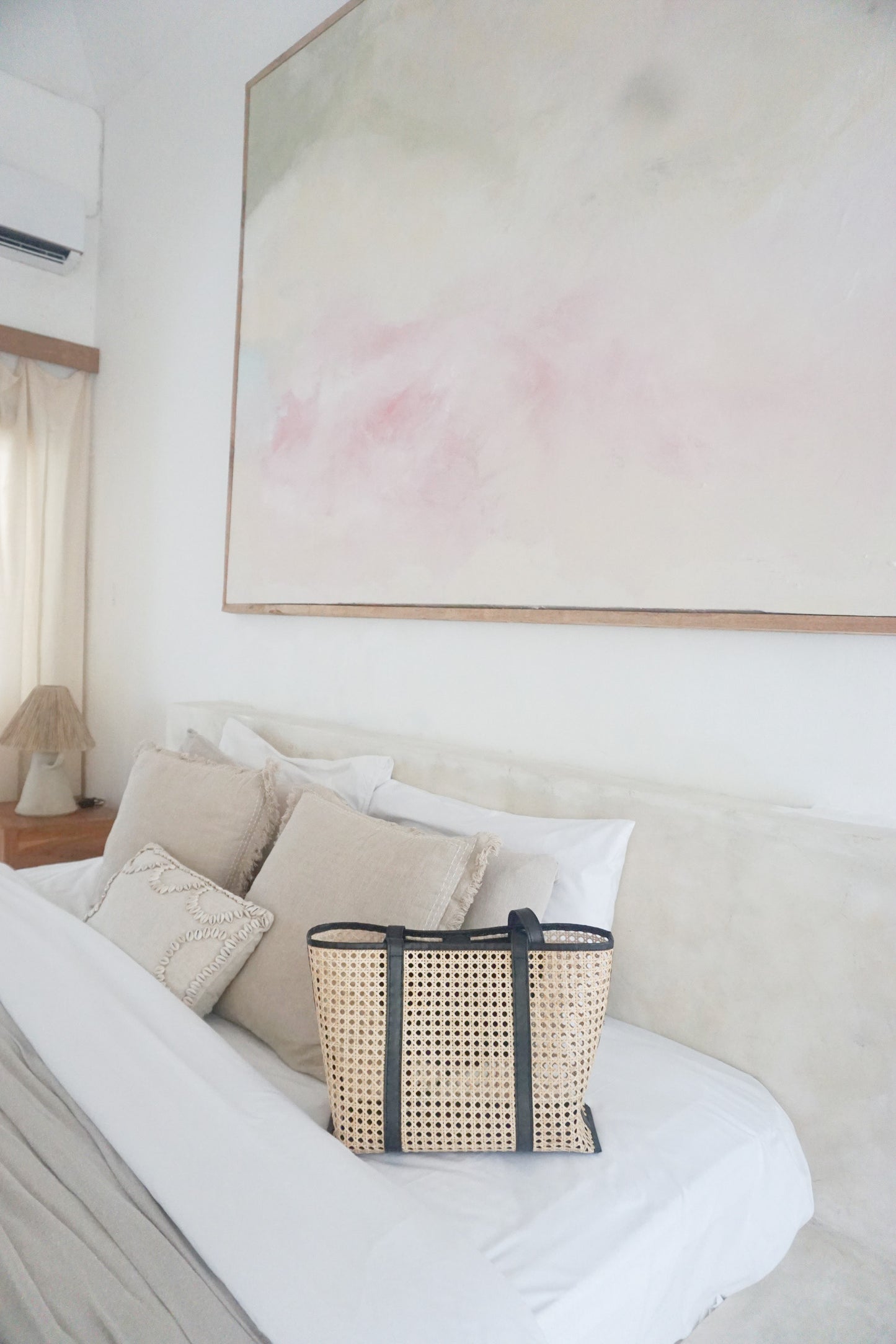 rattan handbag, real leather, straw bag