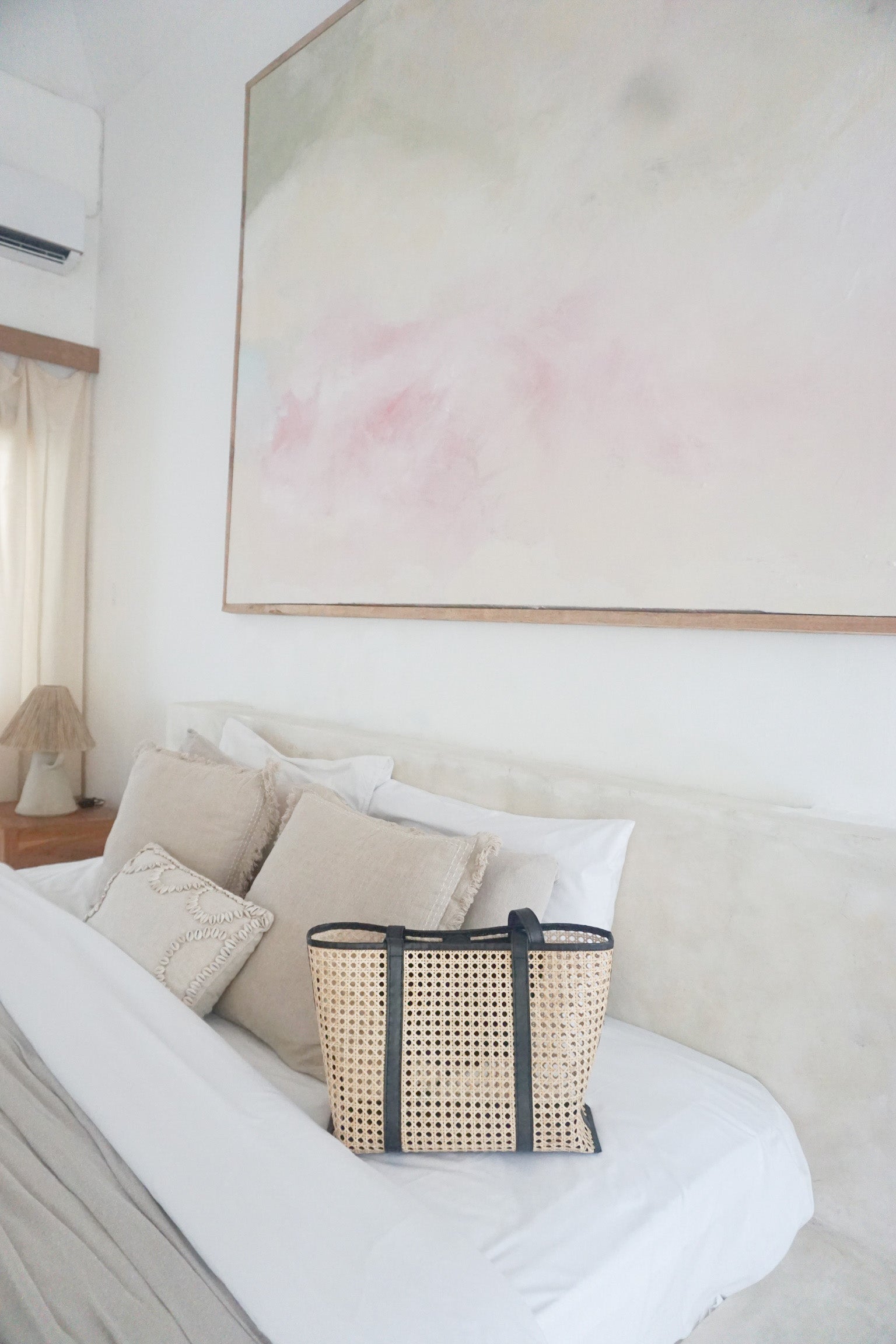 rattan handbag, real leather, straw bag