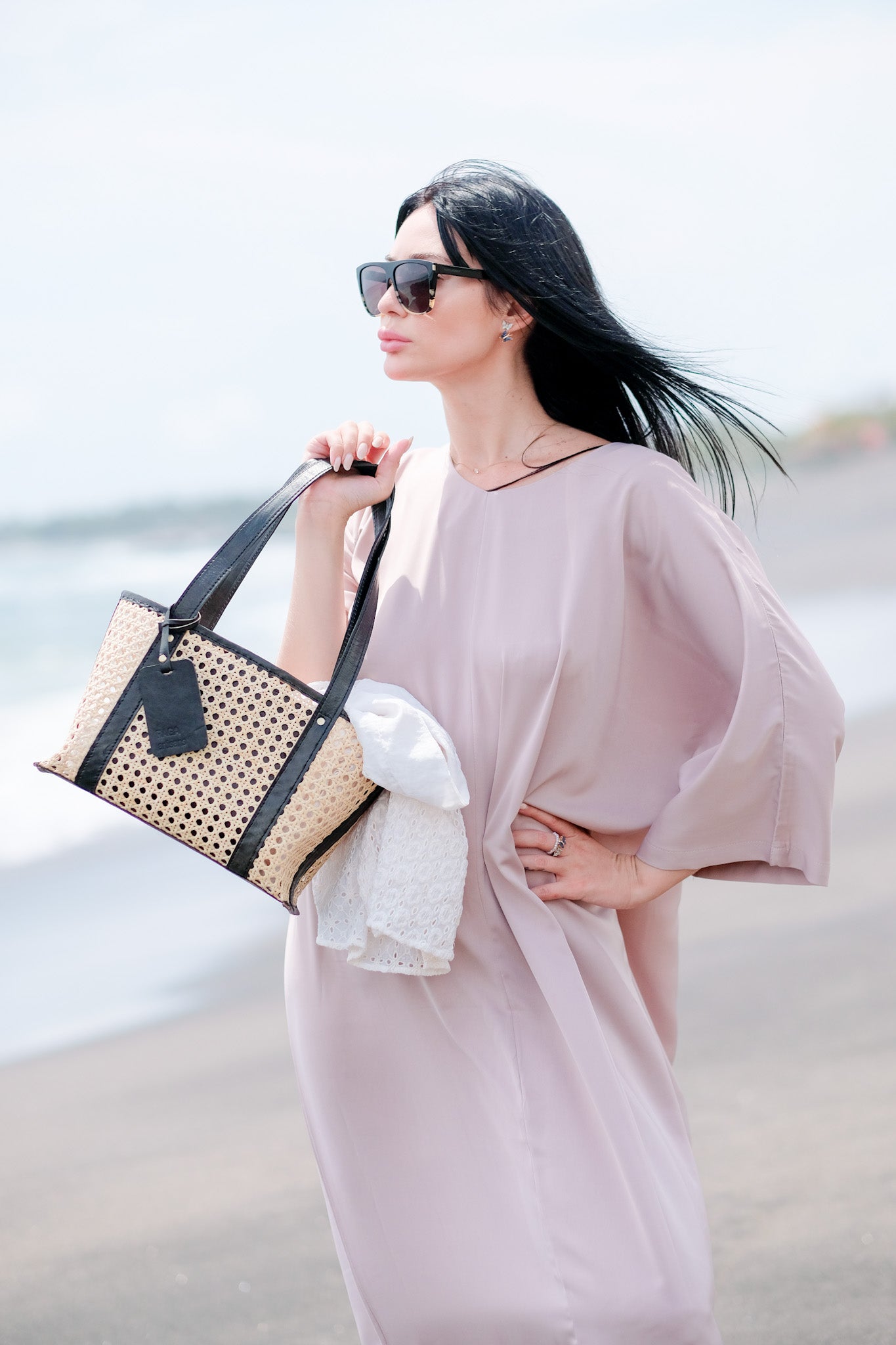 rattan handbag, real leather, straw bag
